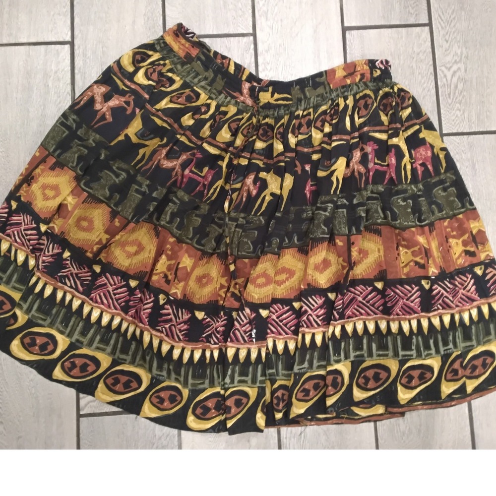Le Mieux Vintage Tribal Print Midi Skirt Elastic Waist Bohemian Animal Motif OS